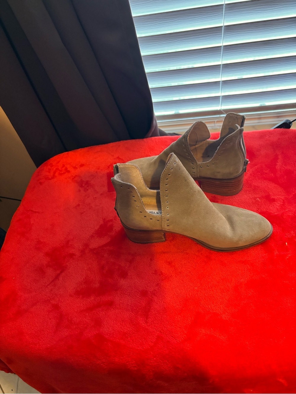Chelsea & Violet Taupe Sueded Cutout Ankle Booties with Low Block Heel Size 6